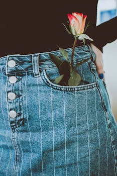 pexels-photo-1425249-1425249 Close-up of a denim skirt featuring a vibrant rose in the pocket, showcasing unique style.
