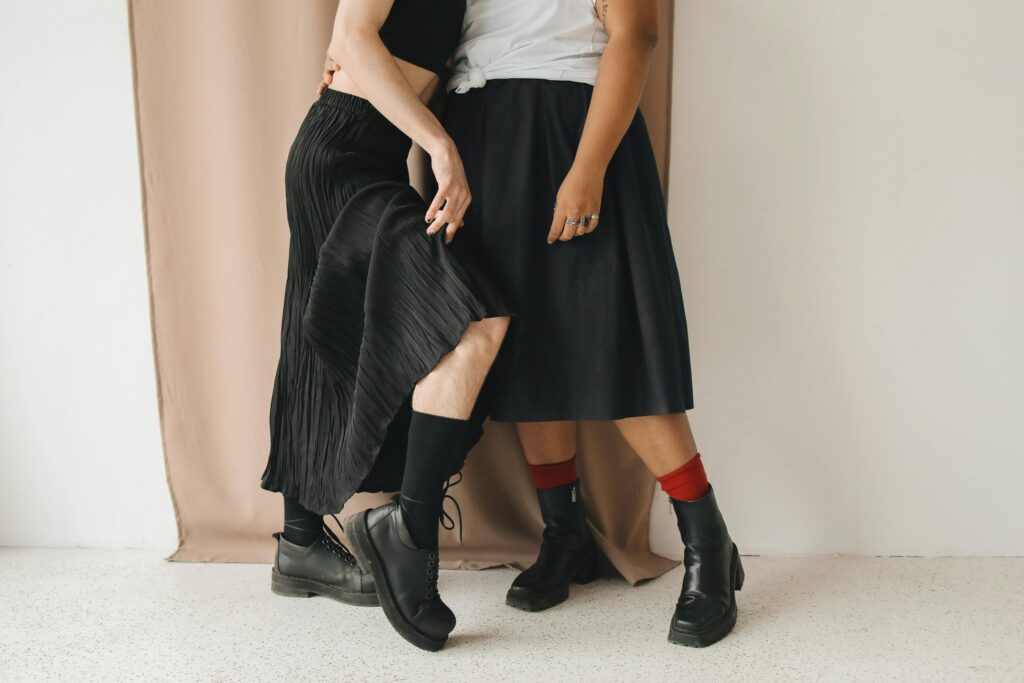 Modern fashion with stylish skirts and boots. A unique expression of identity and style.